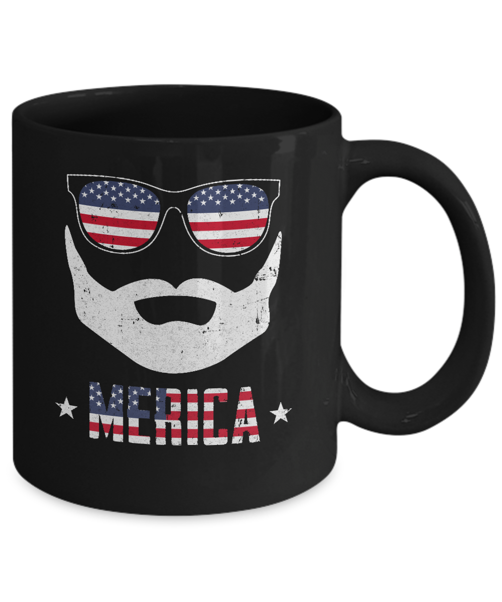 4th of July MERICA America Flag Mustache Dad Bearded Mug-Coffee Mug-11oz Mug-Black