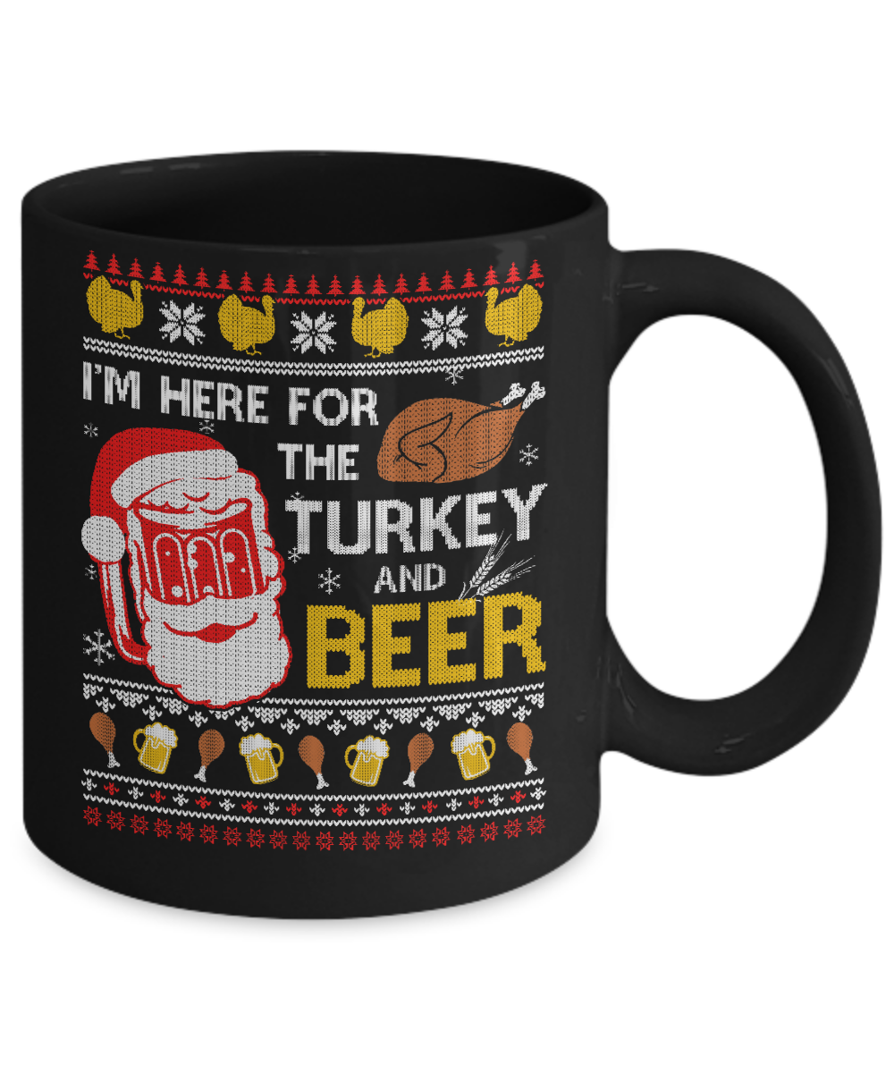 I Am Here For Turkey And Beer Ugly Sweater Thanksgiving Mug-Coffee Mug-11oz Mug-Black