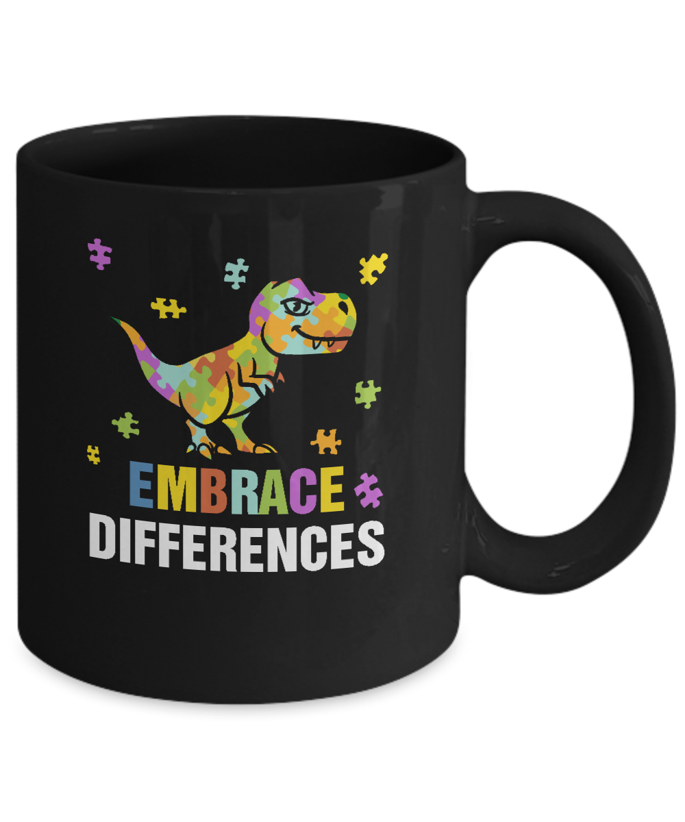Autism Awareness Puzzle Piece Dinosaur Embrace Differences Mug-Coffee Mug-11oz Mug-Black