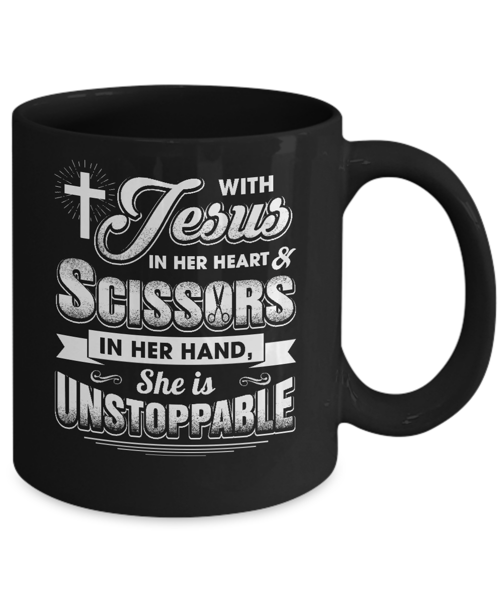 With Jesus In Her Heart And Scissors For Hairdresser Mug-Coffee Mug-11oz Mug-Black