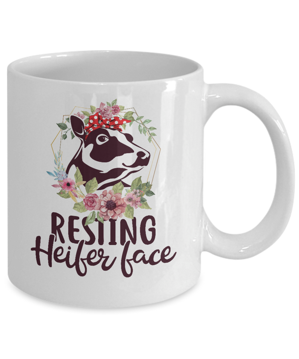 Funny Farmer Women Girl Cow Resting Heifer Face Mug-Coffee Mug-11oz Mug-White