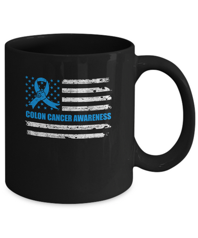 Blue Ribbon Colon Cancer Awareness US Flag Mug-Coffee Mug-11oz Mug-Black