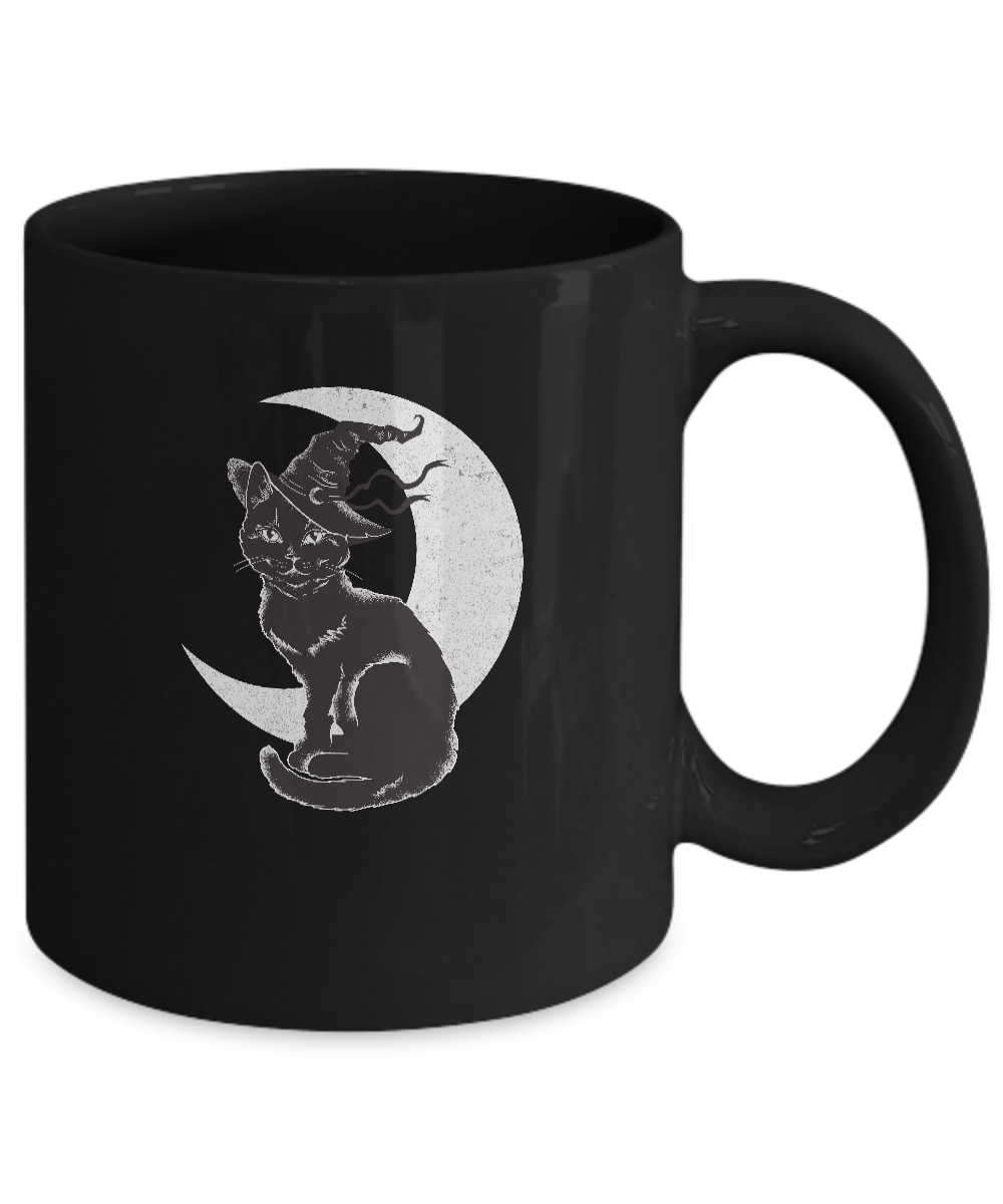 Vintage Scary Halloween Black Cat Costume Witch Hat Moon Mug-Coffee Mug-11oz Mug-Black