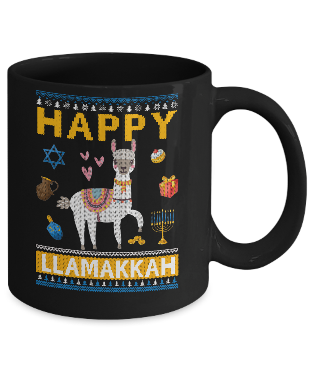 Happy Llama Llamakkah Hanukkah Ugly Sweater Mug-Coffee Mug-11oz Mug-Black