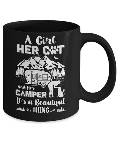 A Girl Her Cat And Her Camper It's A Beautiful Thing Camping Mug-Coffee Mug-11oz Mug-Black