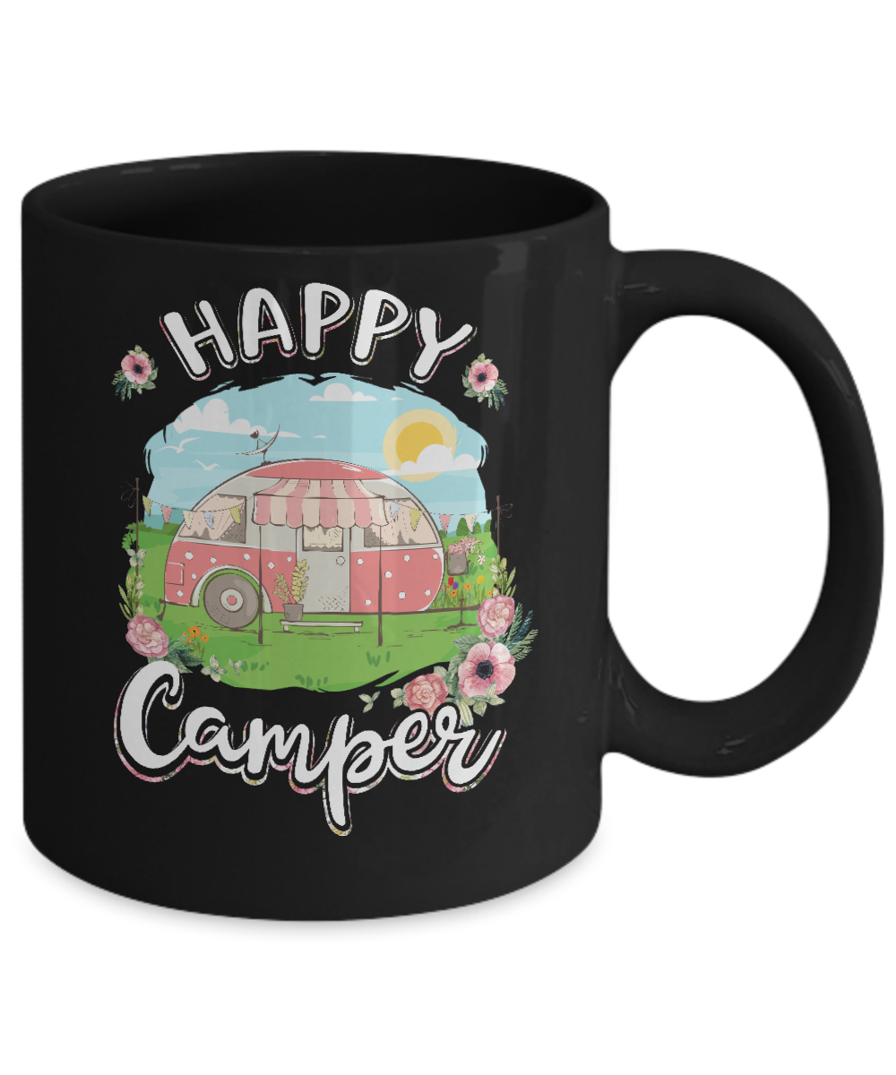 Happy Camper Flower Funny Camping Girl Gifts Mug-Coffee Mug-11oz Mug-Black
