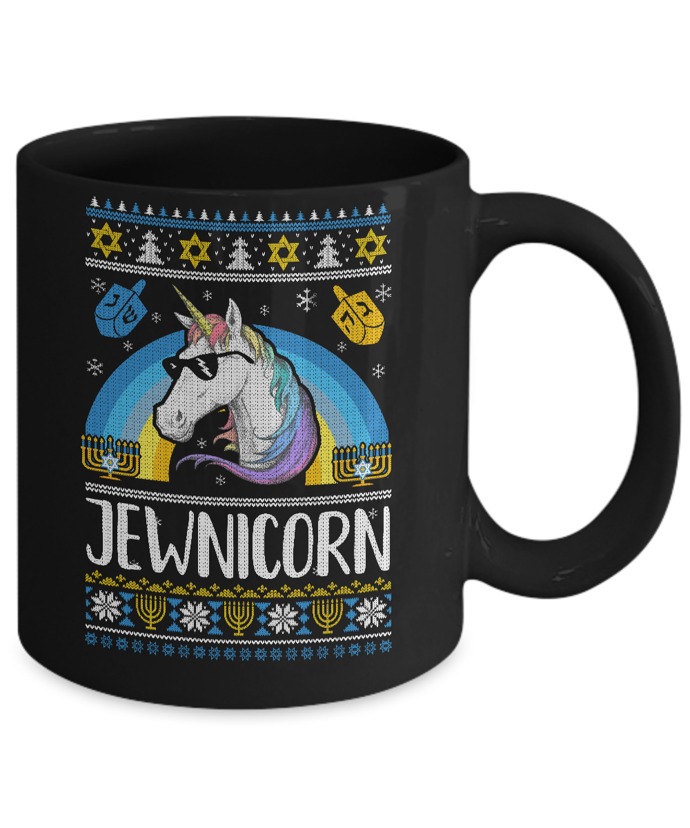 Jewnicorn Funny Jewish Unicorn Hanukkah Chanukah Sweater Mug-Coffee Mug-11oz Mug-Black
