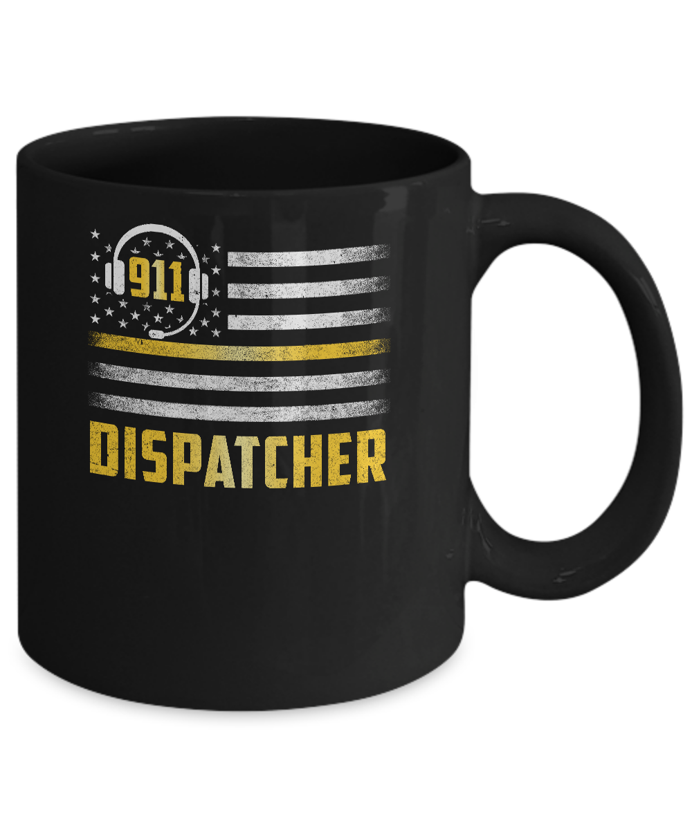 Vintage Thin Gold Line 911 Dispatcher USA Flag Mug-Coffee Mug-11oz Mug-Black