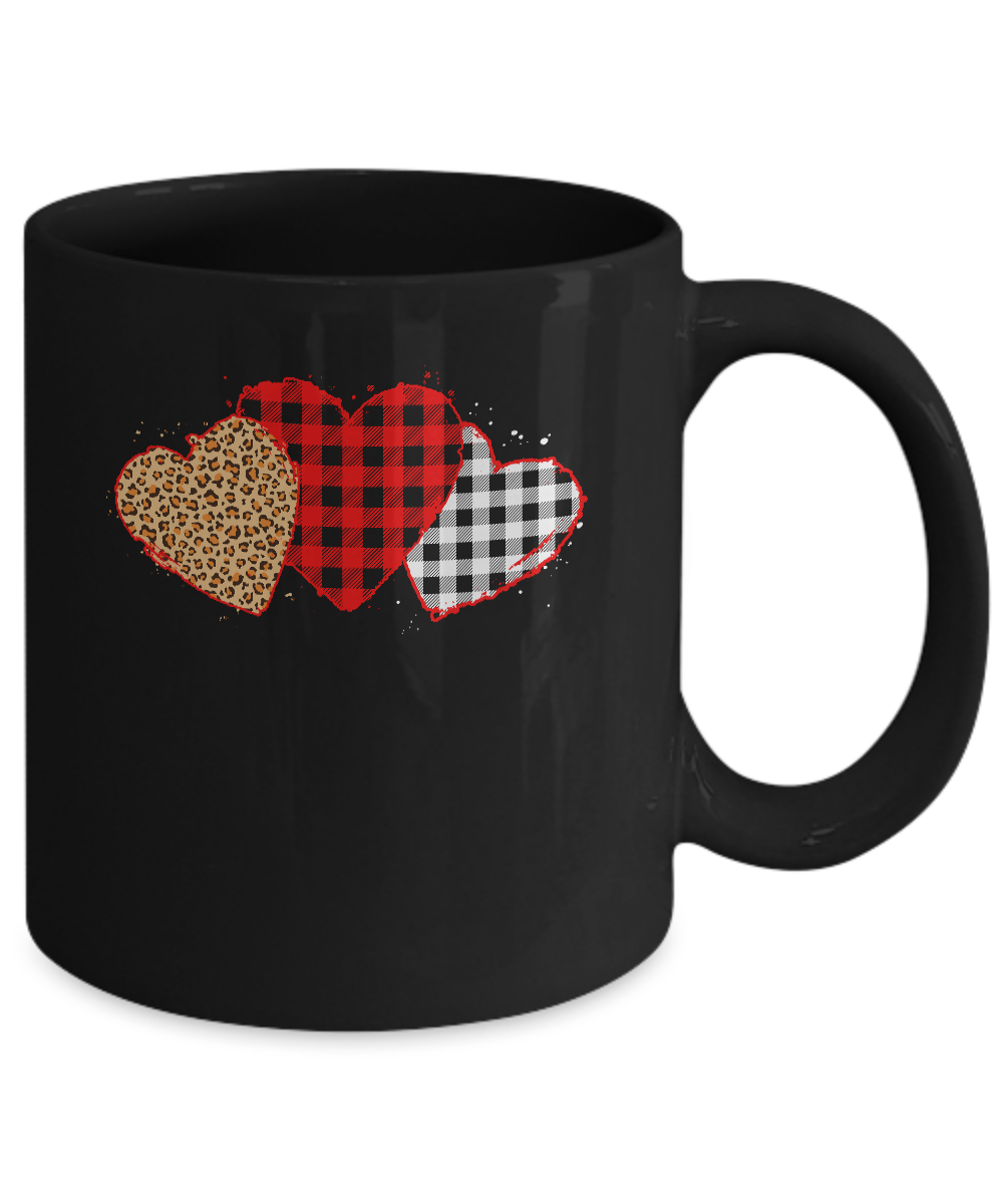 Three Hearts Leopard Buffalo Plaid Valentine's Day Mug-Coffee Mug-11oz Mug-Black