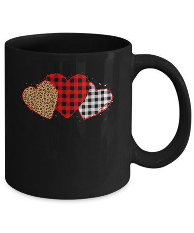 Three Hearts Leopard Buffalo Plaid Valentine's Day Mug-Coffee Mug-11oz Mug-Black