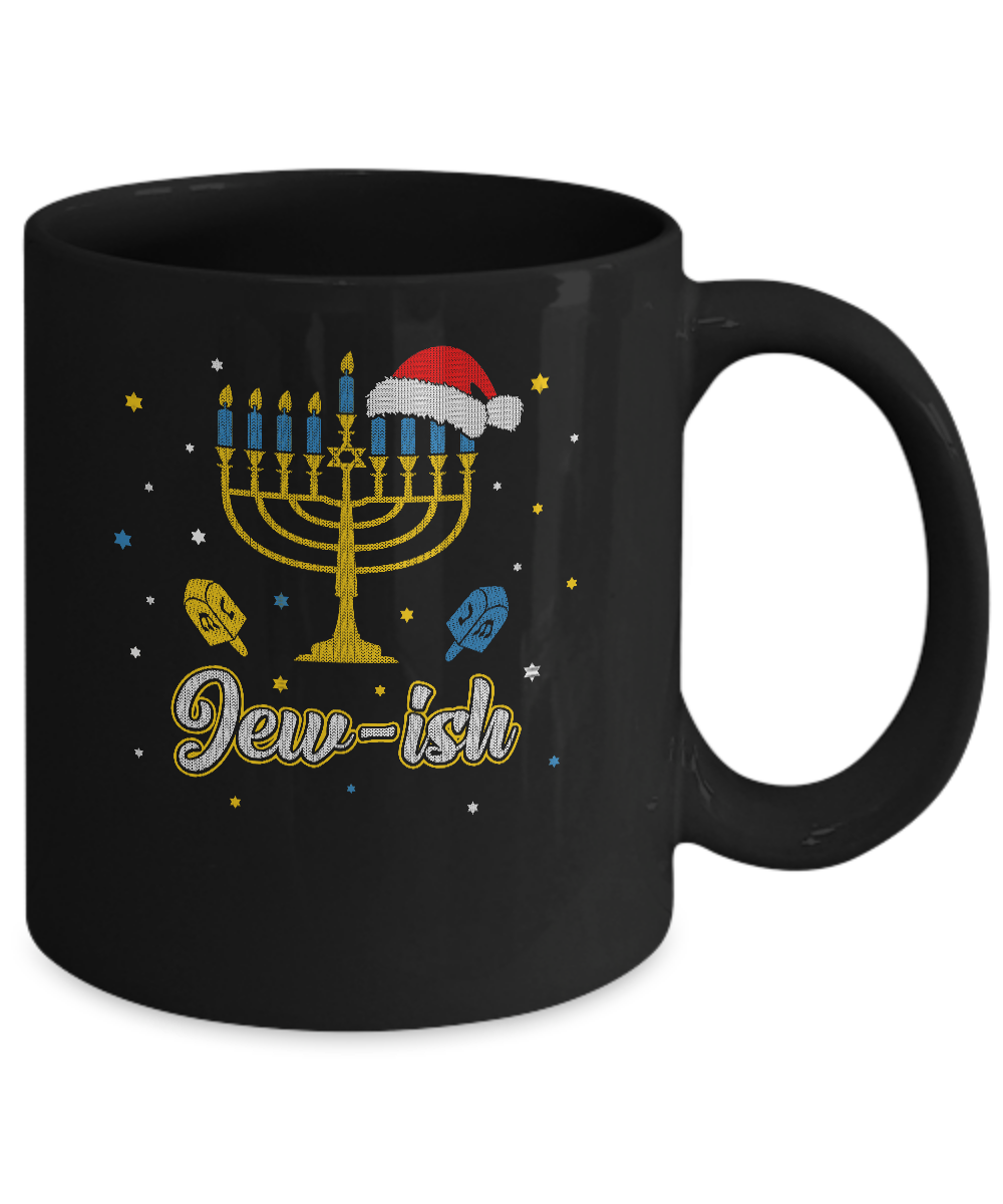 Christmas Ugly Hanukkah Sweater menorah Santa hat Jew-ish Mug-Coffee Mug-11oz Mug-Black