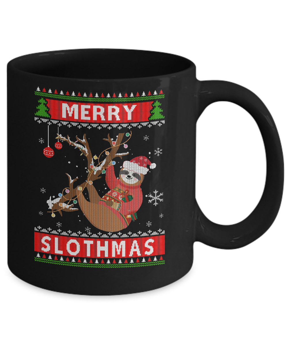 Merry Slothmas Christmas Pajama Sloth Lovers Ugly Sweater Mug-Coffee Mug-11oz Mug-Black