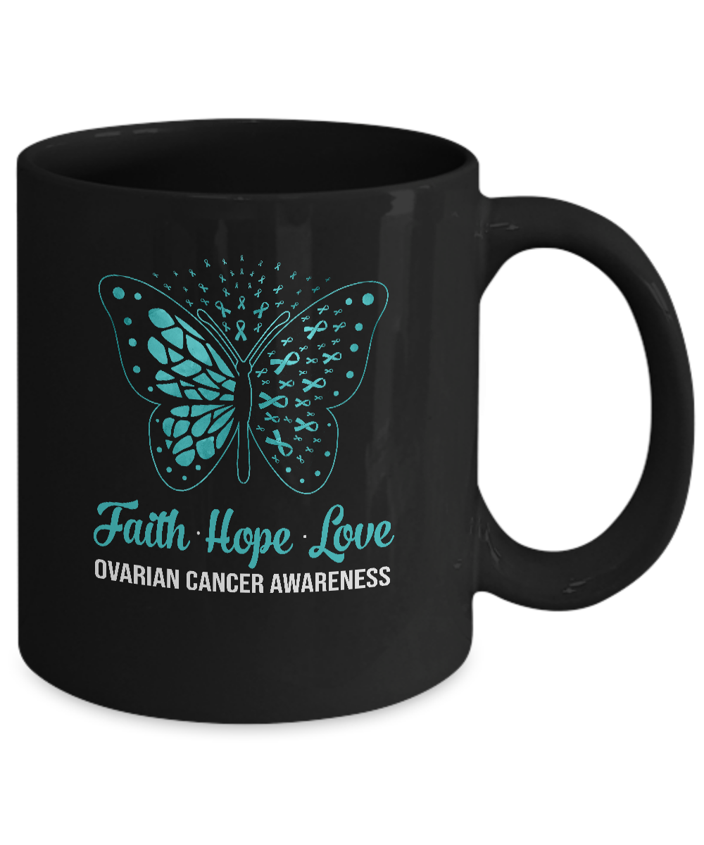 Faith Hope Love Teal Butterfly Ovarian Cancer Awareness Mug-Coffee Mug-11oz Mug-Black