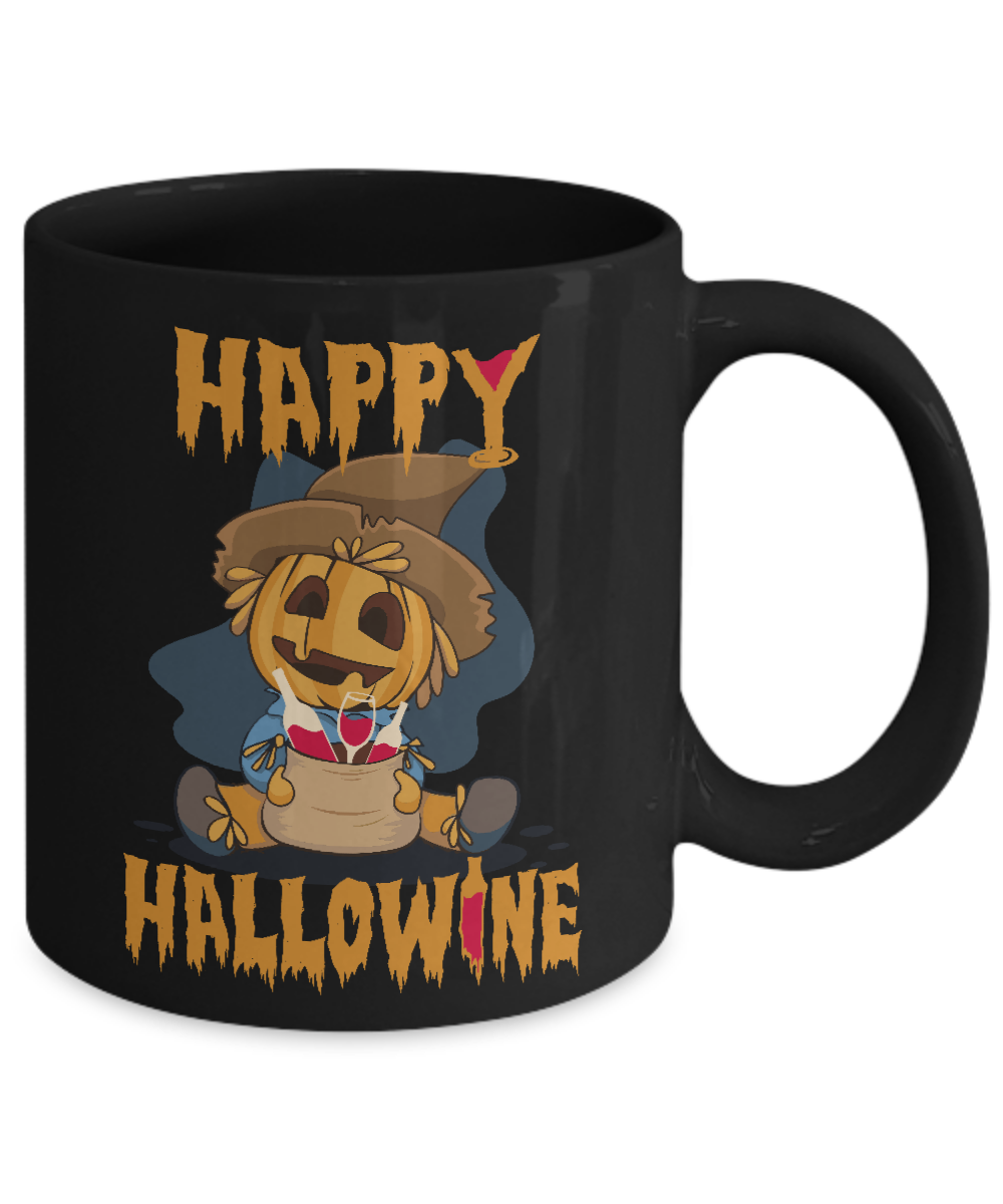 Halloween Happy Hallowine For Wine Straw Man Pumpkin Mug-Coffee Mug-11oz Mug-Black