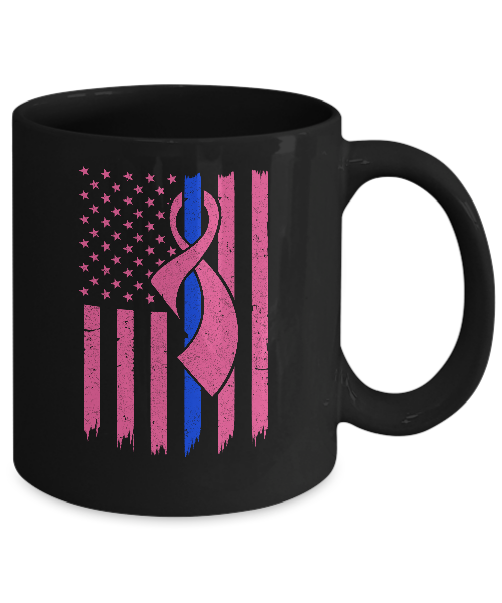 Blue Line Police US Flag Pink Ribbon Breast Cancer Awareness Mug-Coffee Mug-11oz Mug-Black