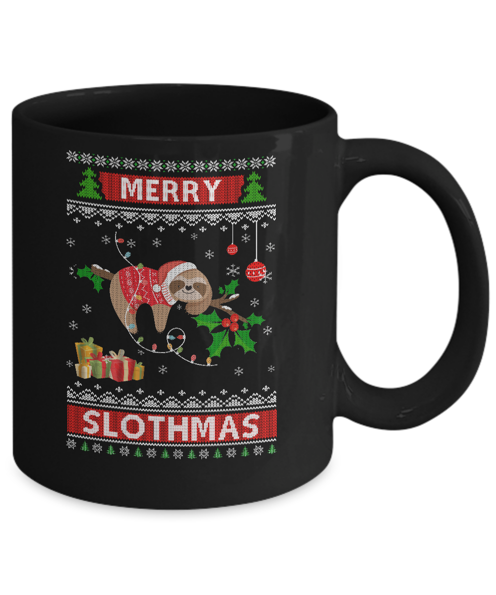 Merry Slothmas Funny Sloth Ugly Christmas Sweater Mug-Coffee Mug-11oz Mug-Black