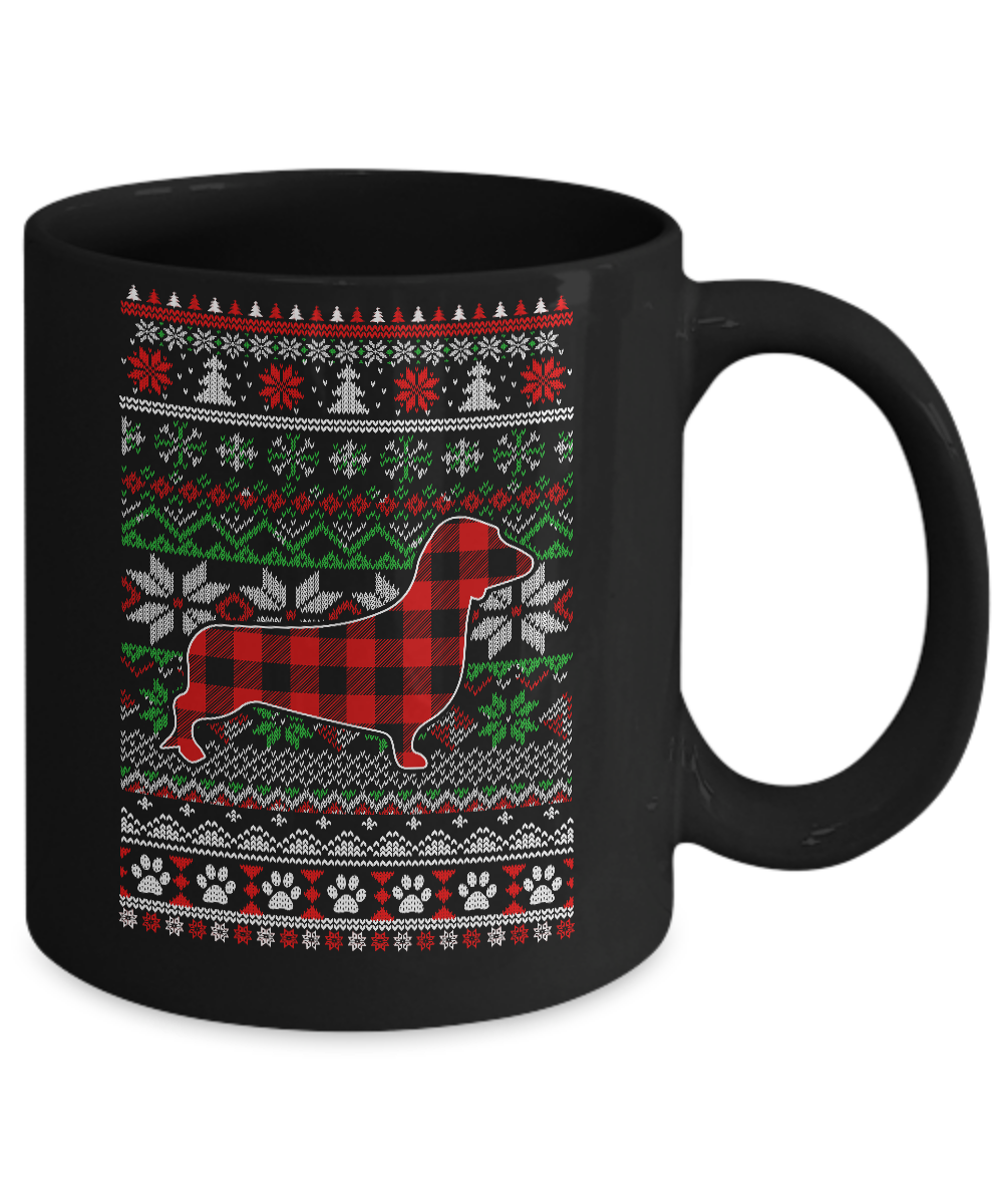 Dachshund Red Plaid Ugly Christmas Sweater Gifts Mug-Coffee Mug-11oz Mug-Black