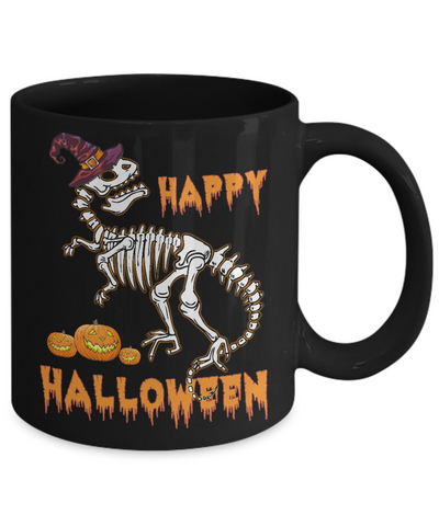 Funny Happy Halloween T-Rex Skeleton Dinosaur Mug-Coffee Mug-11oz Mug-Black