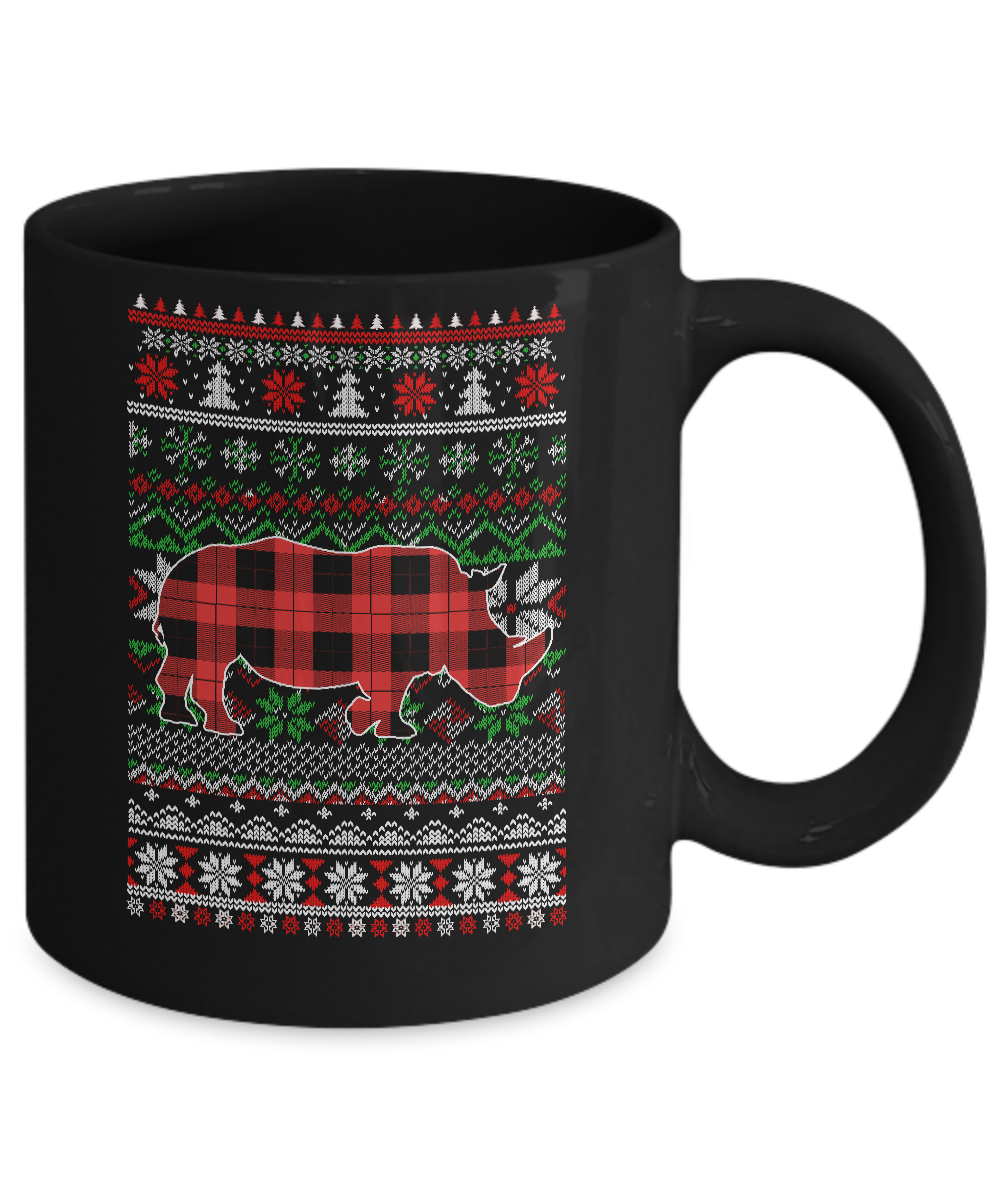 Rhino Red Plaid Ugly Christmas Sweater Funny Gifts Mug-Coffee Mug-11oz Mug-Black