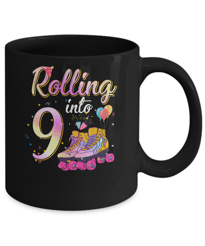 9 Years Old Birthday Girls Roller Skates 80's 9th Birthday Mug-Coffee Mug-11oz Mug-Black