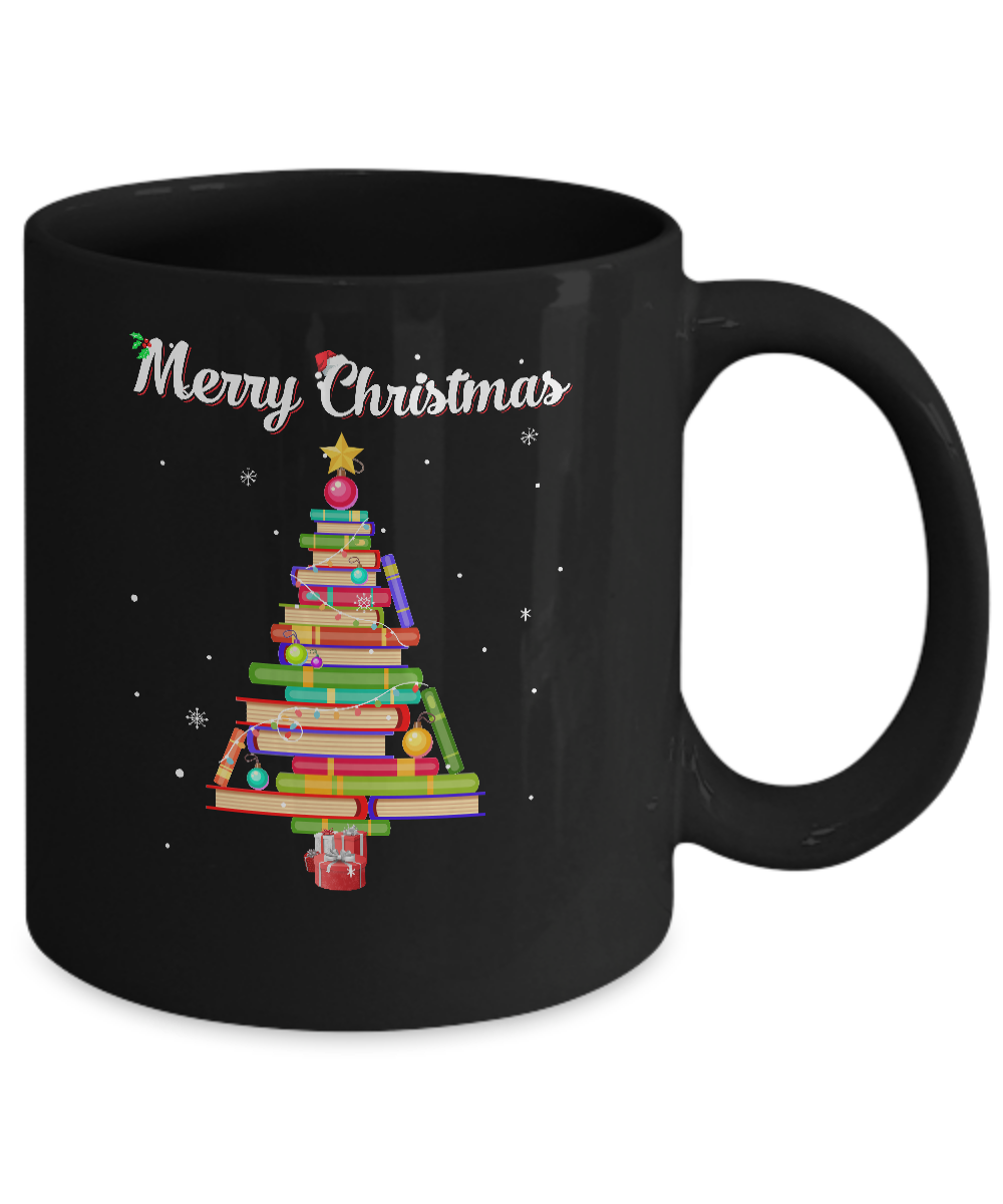 Merry Christmas Tree Love Reading Books Librarian Mug-Coffee Mug-11oz Mug-Black
