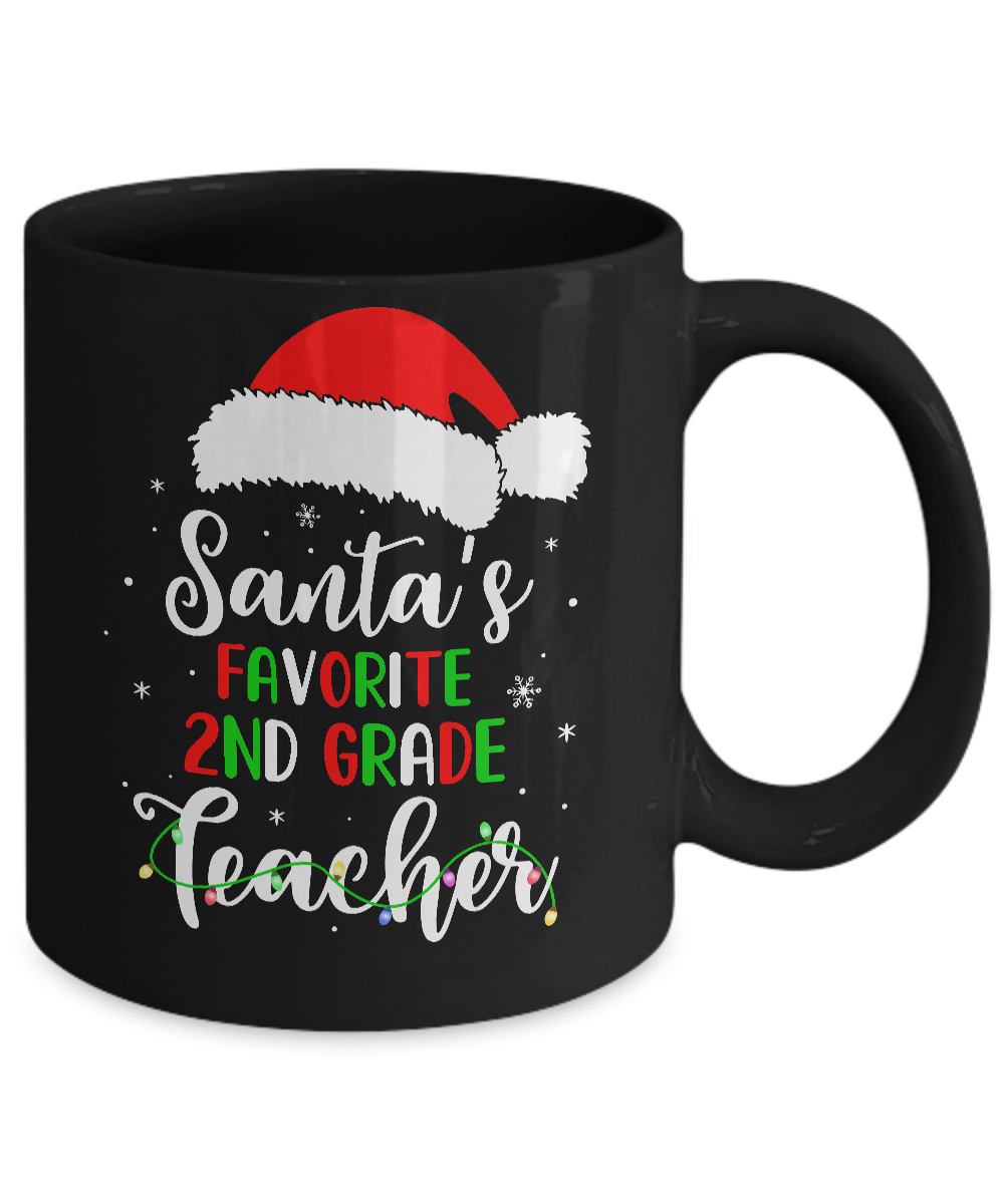 Santa's Favorite 2nd Grade Teacher Santa Hat Christmas Light Mug-Coffee Mug-11oz Mug-Black