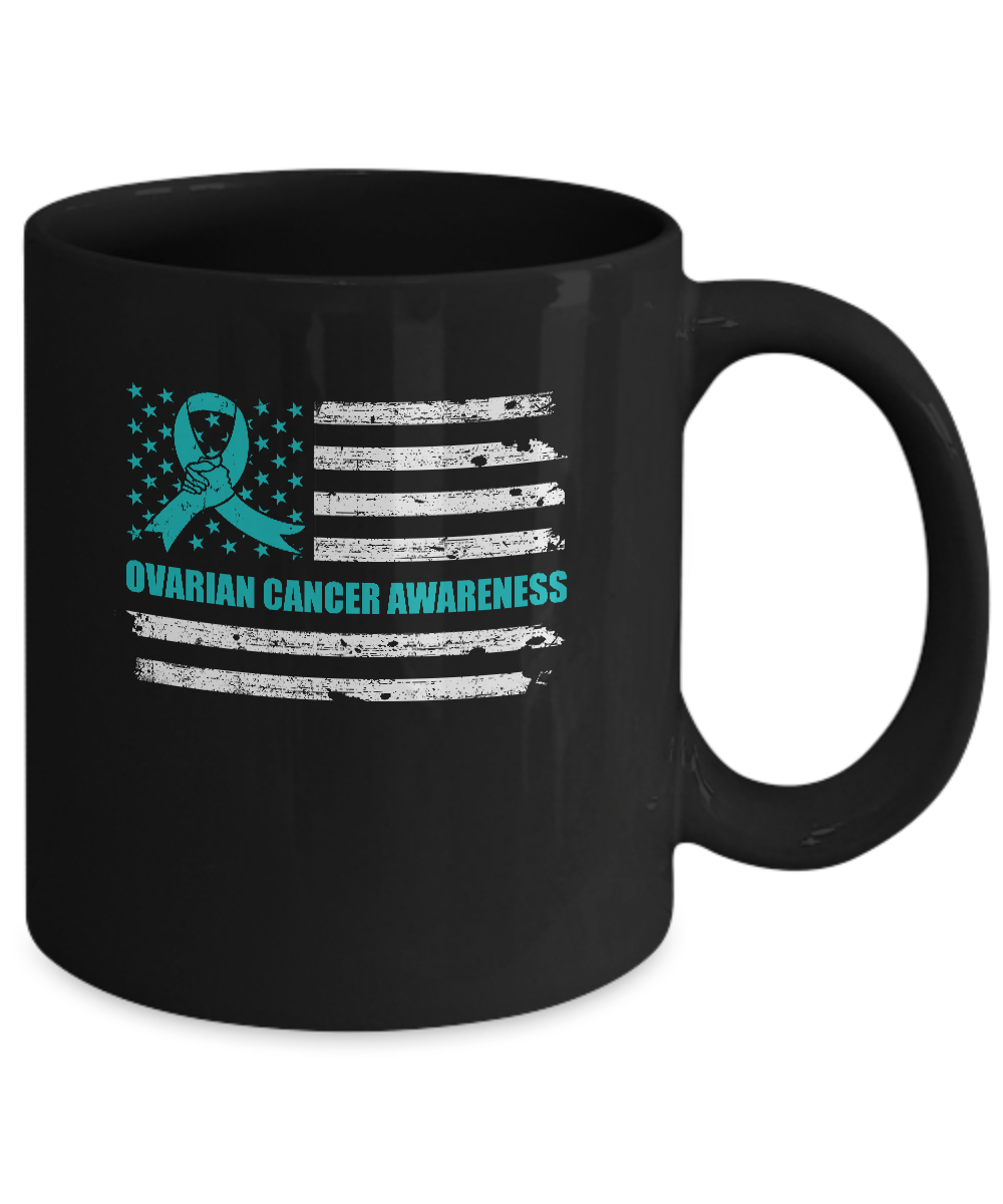 Teal Ribbon Ovarian Cancer Awareness US Flag Mug-Coffee Mug-11oz Mug-Black