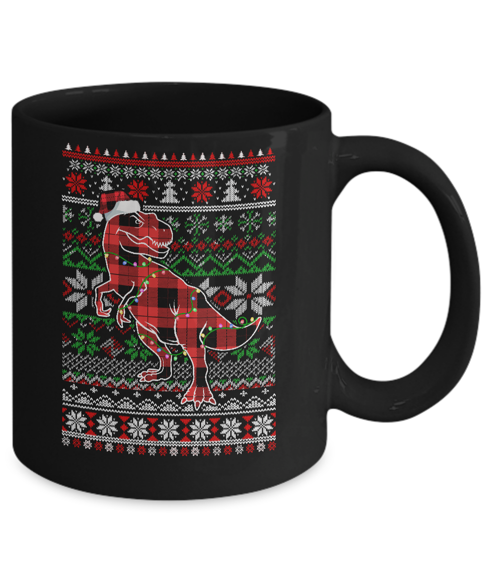 Red Plaid Buffalo T Rex Dinosaur Pajamas Christmas Sweater Mug-Coffee Mug-11oz Mug-Black