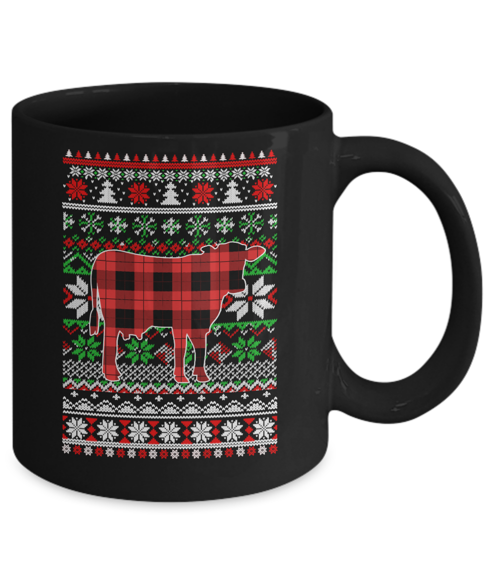 Cow Red Plaid Ugly Christmas Sweater Funny Gifts Mug-Coffee Mug-11oz Mug-Black