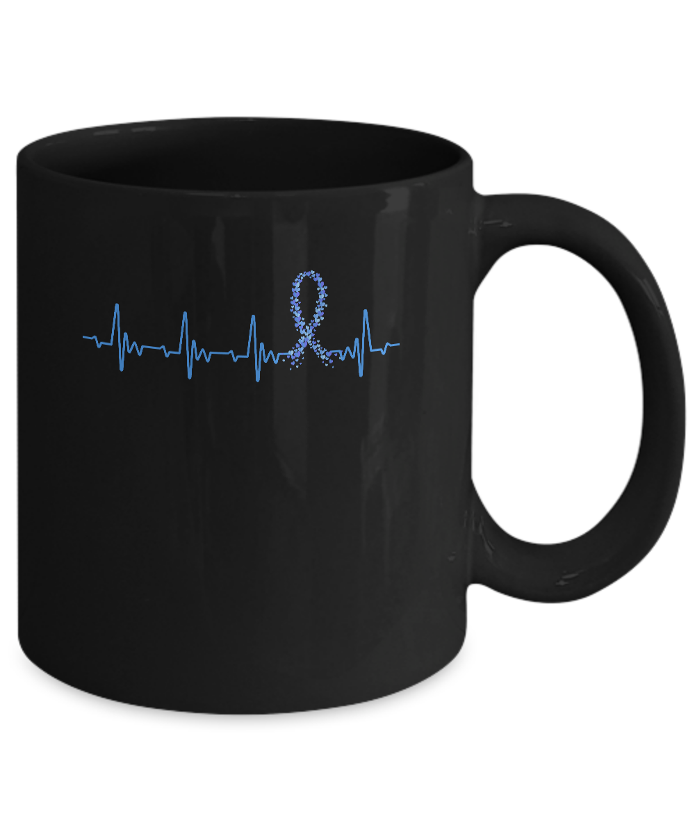 Colon Cancer Awareness Blue Ribbon Heartbeat Mug-Coffee Mug-11oz Mug-Black