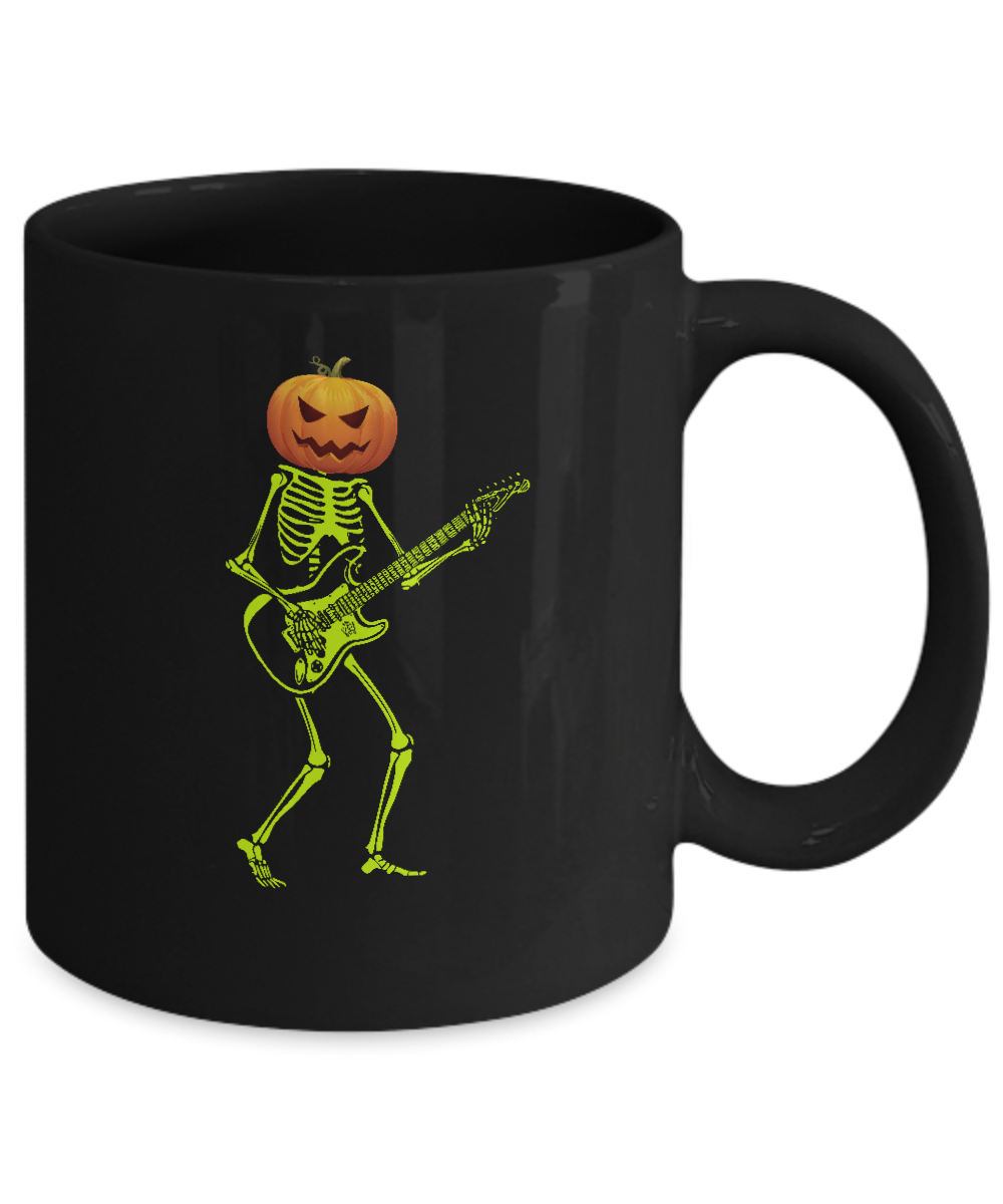 Pumpkin Skeleton Play Guitar Luminous Costume Halloween Mug-Coffee Mug-11oz Mug-Black