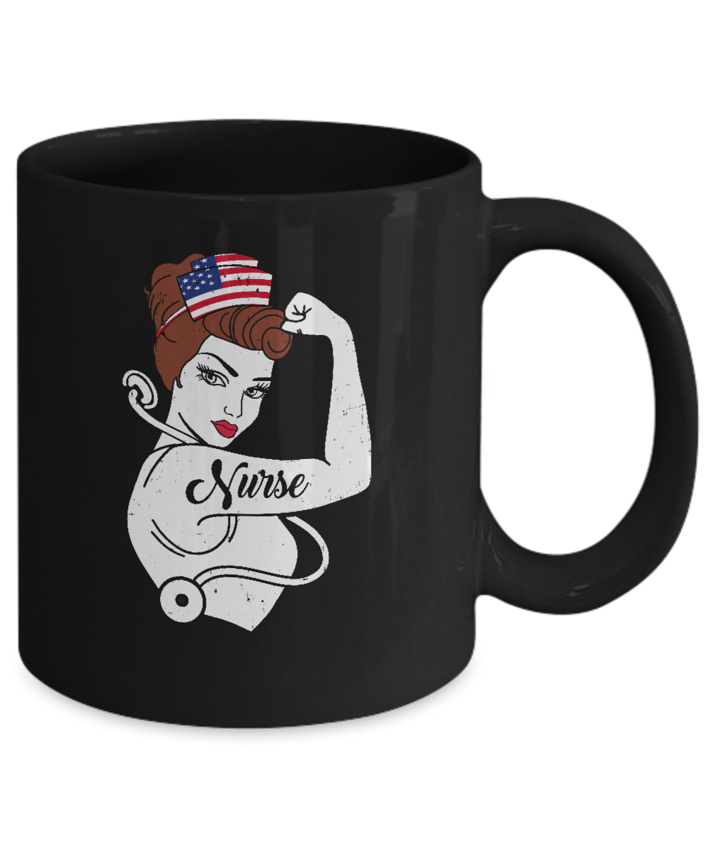Nurse Vet Strong Woman American Flag Nursing 4Th Of July Mug-Coffee Mug-11oz Mug-Black