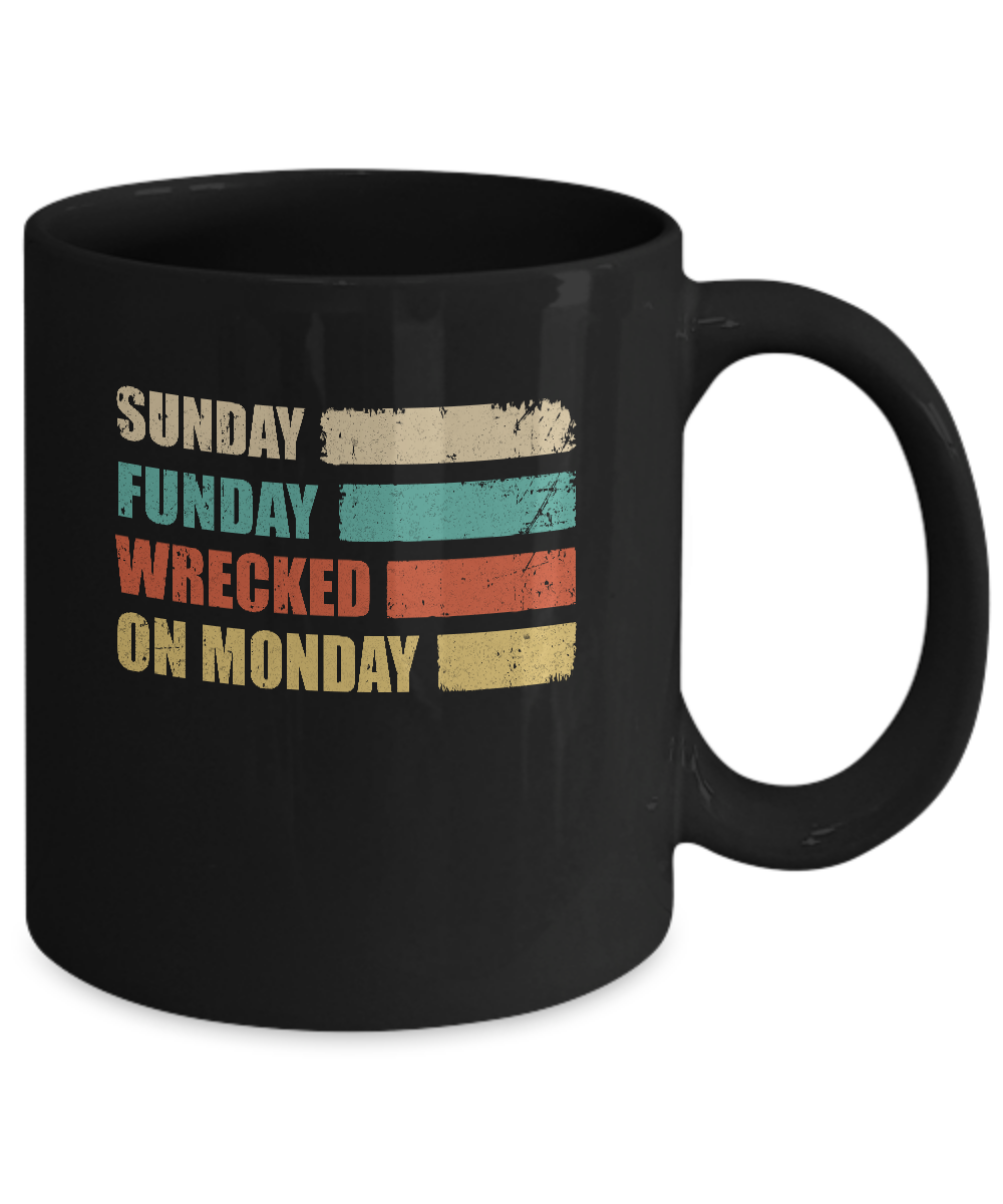 Vintage Sunday Funday Wrecked On Monday Funny Drink Beer Mug-Coffee Mug-11oz Mug-Black
