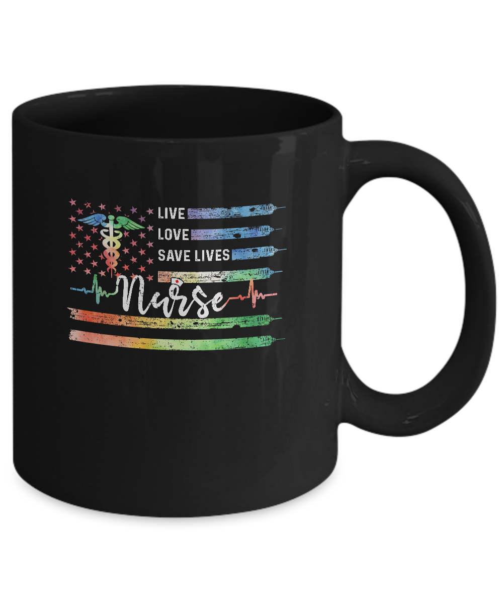 Funny Nurse American Flag Live Love Save Lives Nursing Gifts Mug-Coffee Mug-11oz Mug-Black