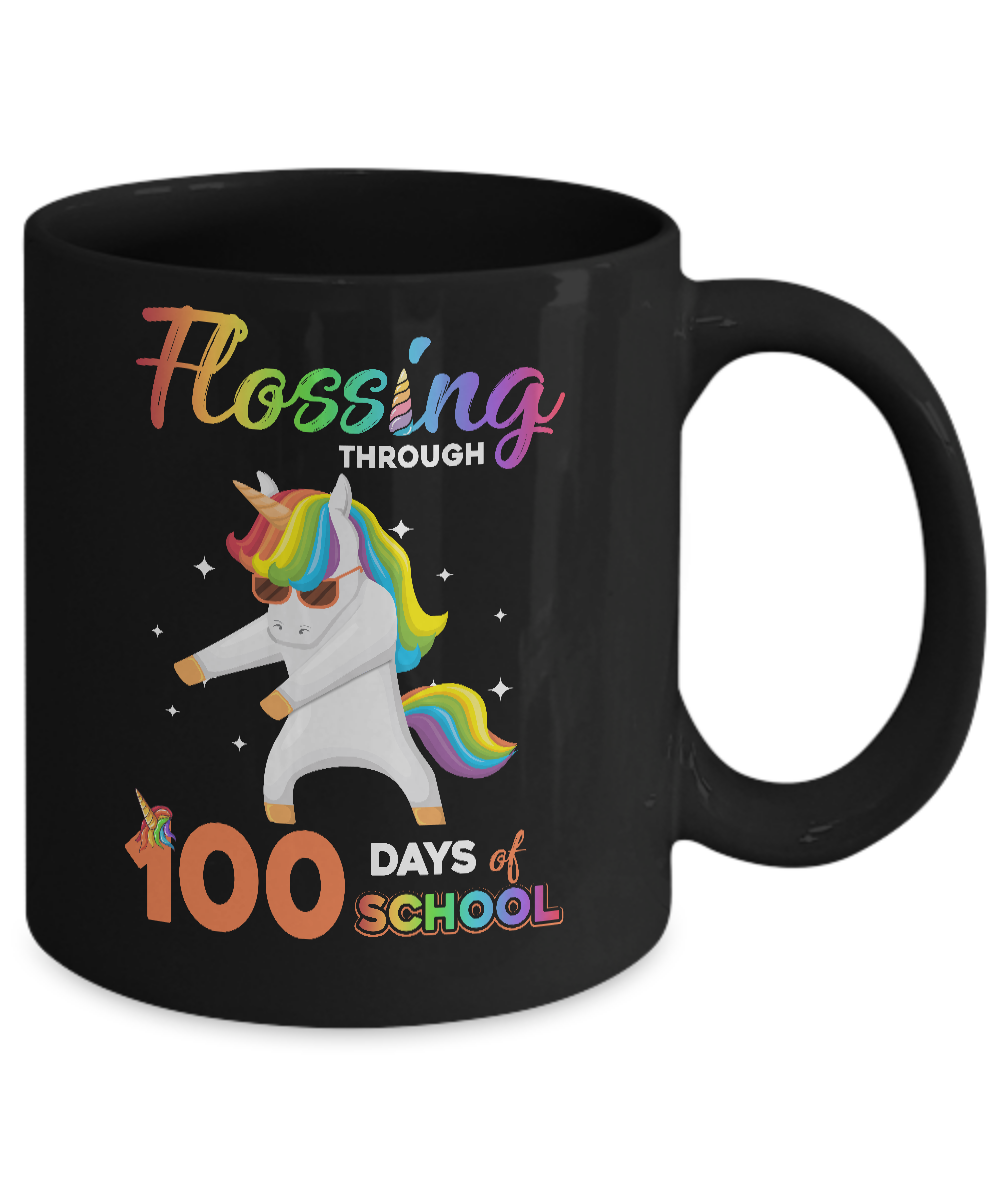 Flossing through 100 Days of School Unicorn Girl Mug-Coffee Mug-11oz Mug-Black