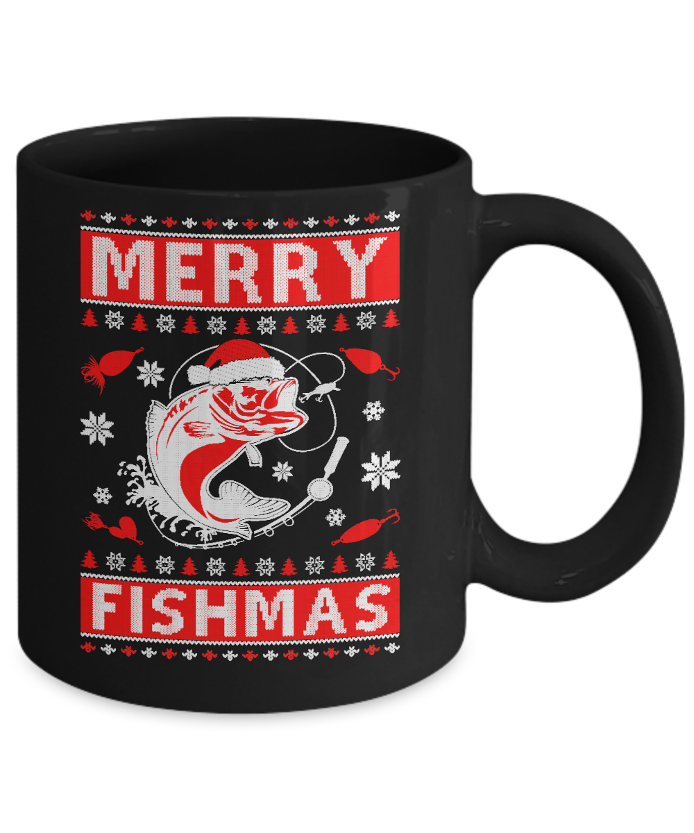 Merry Fishmas Fishing Fish Christmas Sweater Mug-Coffee Mug-11oz Mug-Black