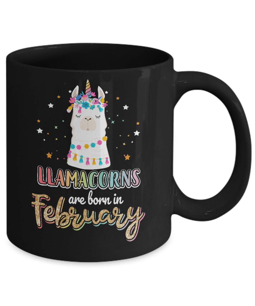 Llama Unicorn Llamacorns Born In February Birthday Gift Mug-Coffee Mug-11oz Mug-Black