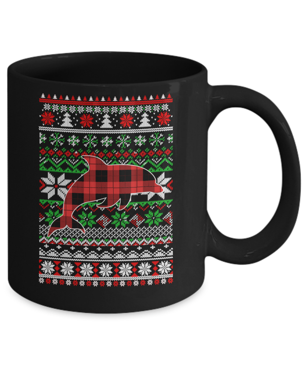 Dolphin Red Plaid Ugly Christmas Sweater Funny Gifts Mug-Coffee Mug-11oz Mug-Black