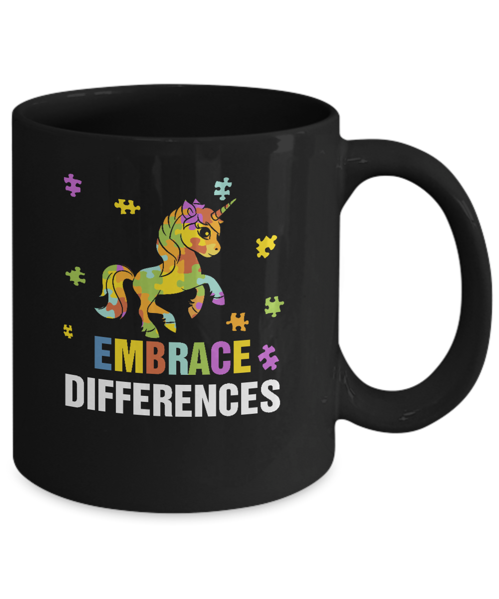 Autism Awareness Puzzle Piece Unicorn Embrace Differences Mug-Coffee Mug-11oz Mug-Black
