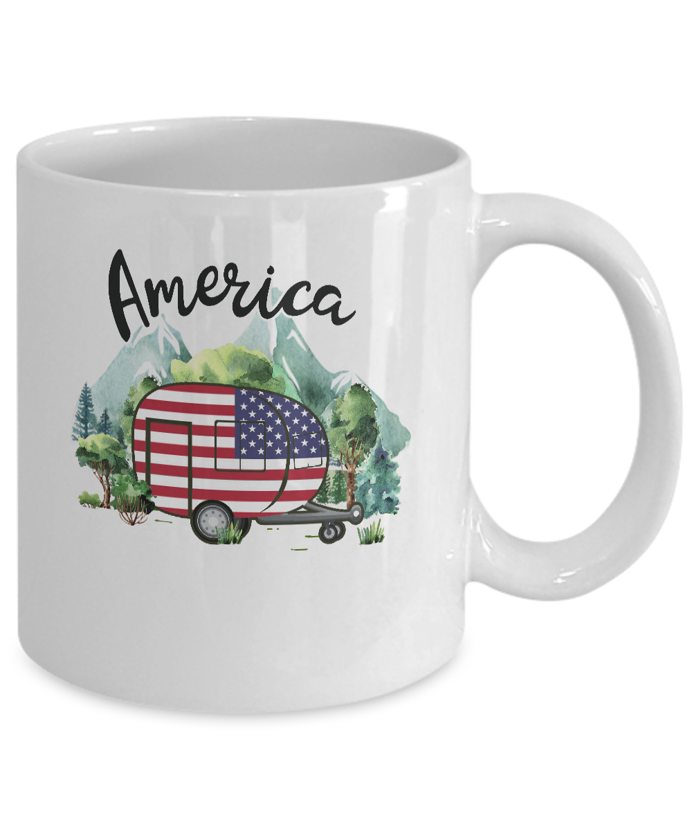 America Camping Camper American Flag Independence Day Gift Mug-Coffee Mug-11oz Mug-White
