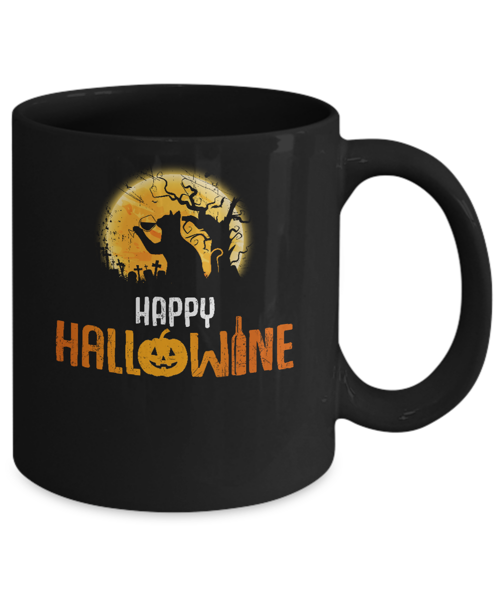 Happy Hallowine Drinking Wine Cat Lover 2017 Mug-Coffee Mug-11oz Mug-Black