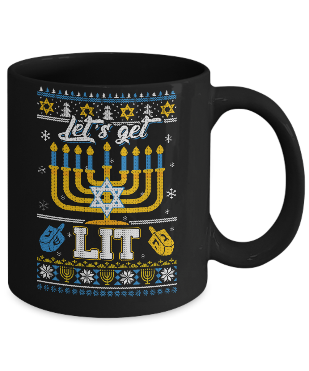 Funny Happy Hanukkah Chanukah Let's Get Lit Ugly Sweater Mug-Coffee Mug-11oz Mug-Black