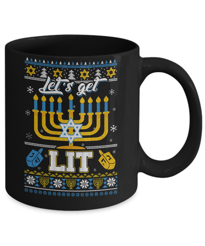 Funny Happy Hanukkah Chanukah Let's Get Lit Ugly Sweater Mug-Coffee Mug-11oz Mug-Black