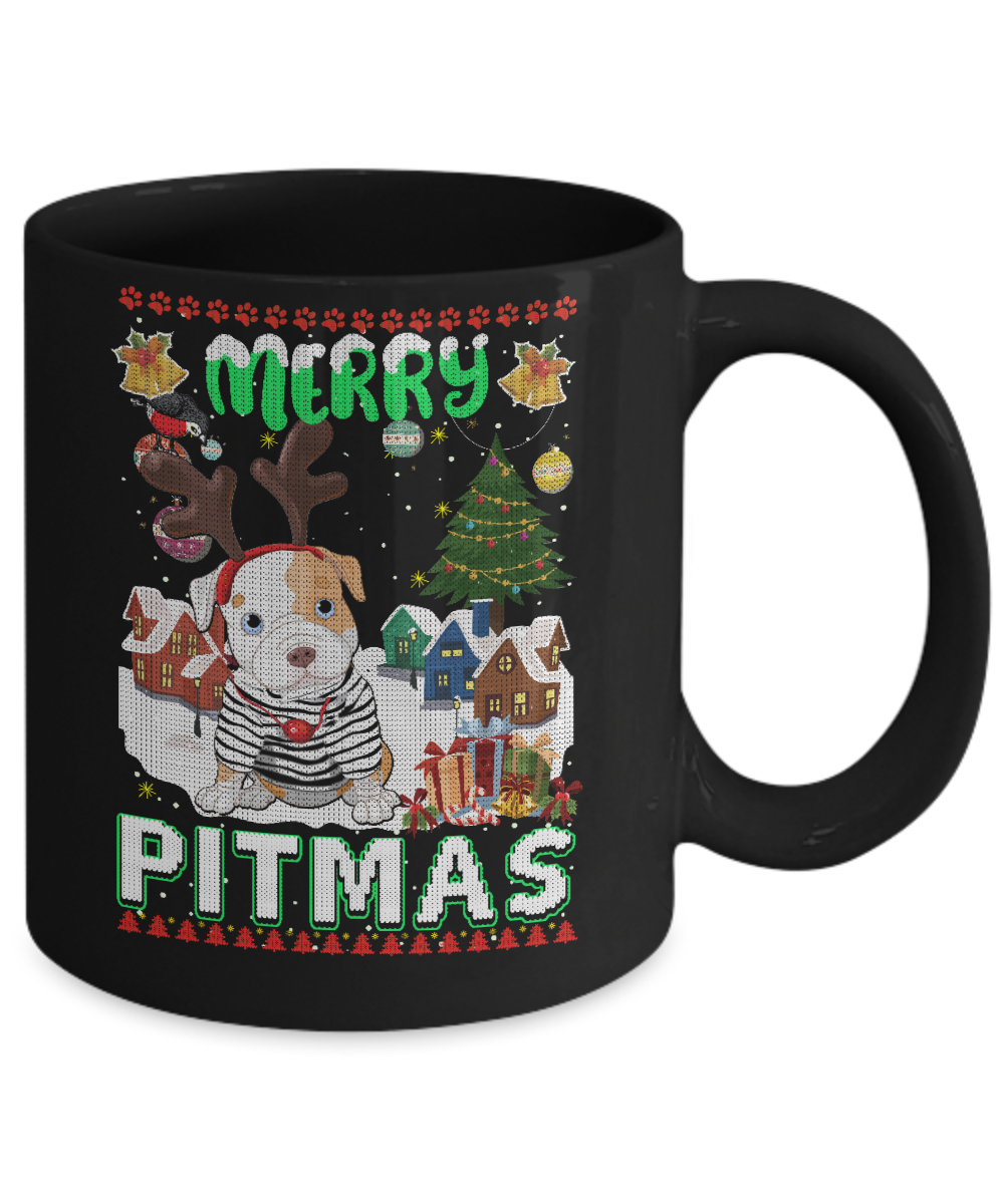 Cute Pitbull Christmas Merry Pigmas Ugly Sweater Christmas Mug-Coffee Mug-11oz Mug-Black