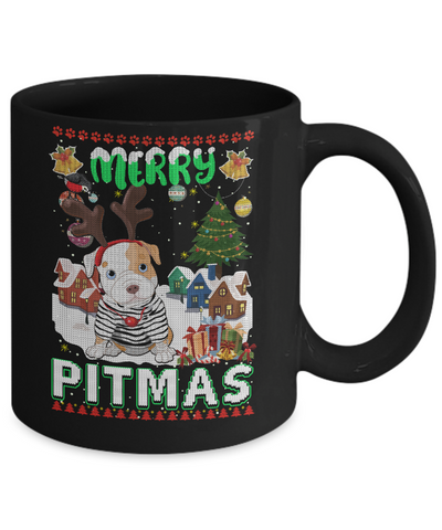 Cute Pitbull Christmas Merry Pigmas Ugly Sweater Christmas Mug-Coffee Mug-11oz Mug-Black