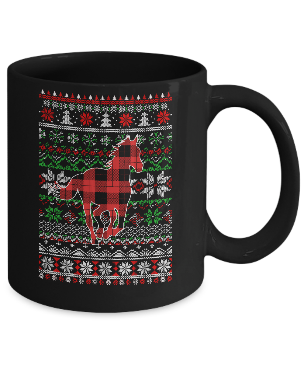 Horse Red Plaid Ugly Christmas Sweater Funny Gifts Mug-Coffee Mug-11oz Mug-Black
