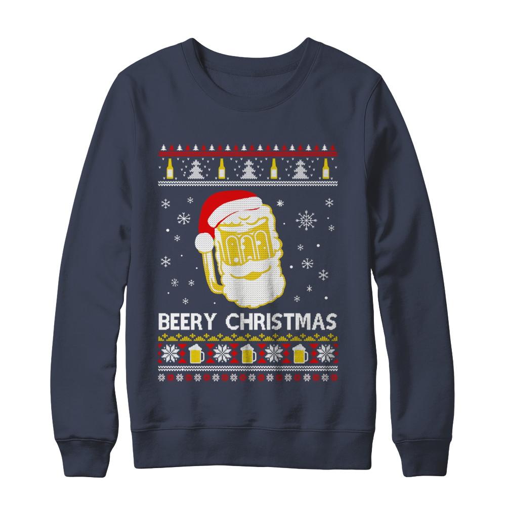 Beery Christmas Ugly Christmas Sweater Christmas Beer-T-Shirt & Sweatshirt-Crewneck Sweatshirt-Navy