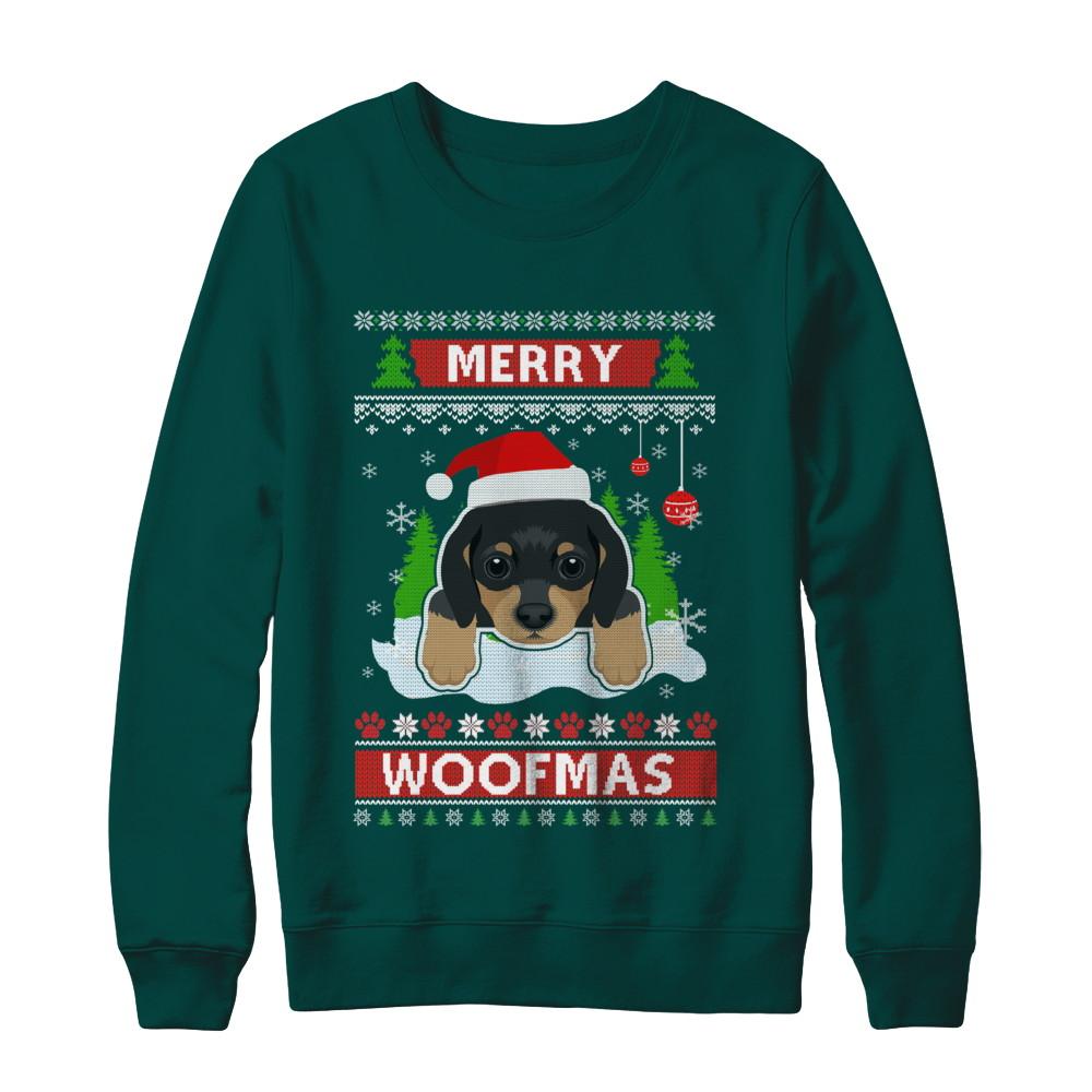 Dachshund Merry Woofmas Ugly Christmas Sweater-T-Shirt & Sweatshirt-Crewneck Sweatshirt-Deep Forest