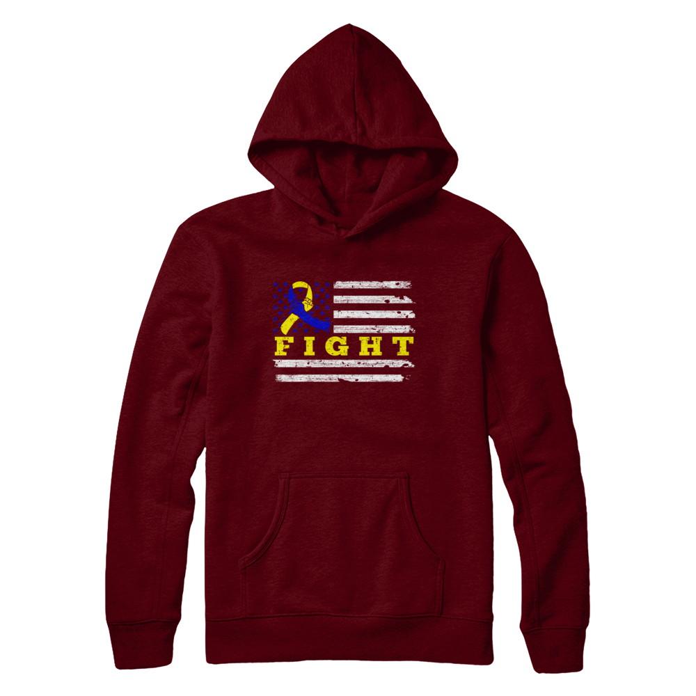 Fight Blue Yellow Ribbon US Flag Down Syndrome Awareness-T-Shirt & Hoodie-Pullover Hoodie-Maroon