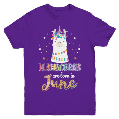 Llama Unicorn Llamacorns Born In June Birthday Gift Youth-Youth Shirt-Youth T-Shirt-Purple